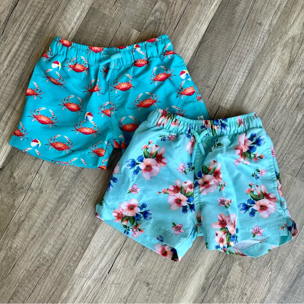 Like New Posh Peanut Swim Trunks 12-18 months, floral and crab